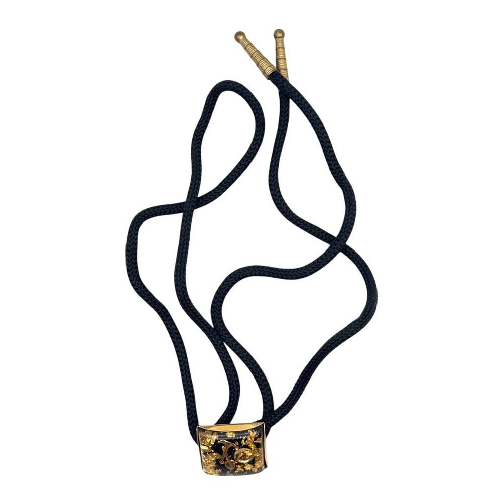 Golf Motif Bolo Tie Gold-Colored Flake Square Slide Black Braided Cord Western